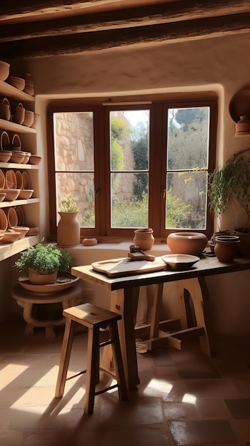 minimalistyczny obraz śródziemnomorskiego domu ciepłe kolory i detale Śródziemnomorskie rośliny Generative
