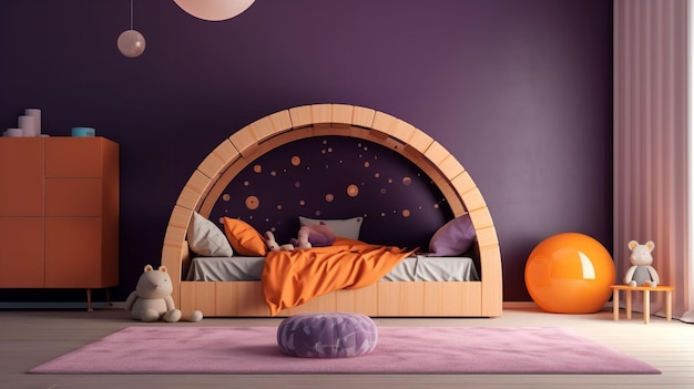Minimalistyczny pokój dziecięcy z zabawką i wygodnym łóżkiem o realistycznej estetyce 3D w ultrafiolecie