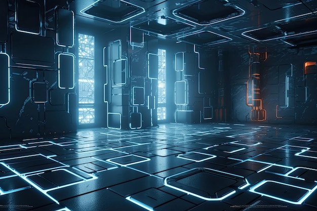Minimalistyczny pokój z geometrycznymi kafelkami na sztucznej inteligencji Fiuu