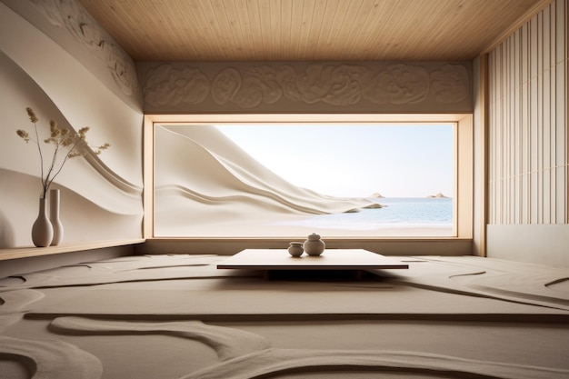 Minimalistyczny pokój z ogrodem zen z piasku