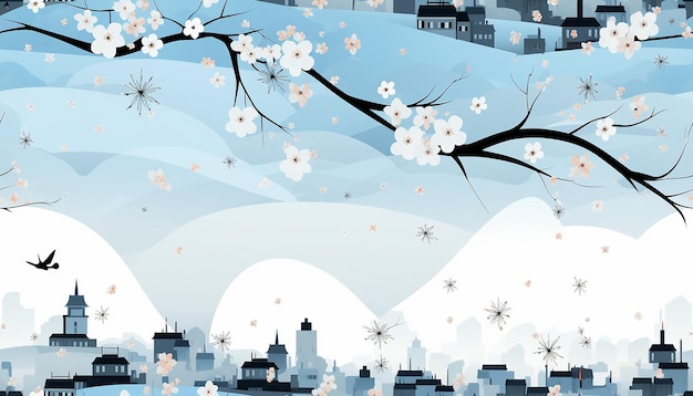 Zdjęcie minimalistyczny projekt japońskiej sakury na tle miasta