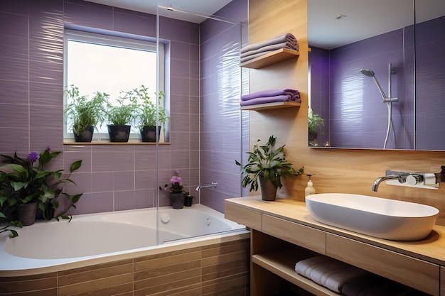 Minimalistyczny projekt łazienki Łazienka wyłożona jest fioletowymi płytkami