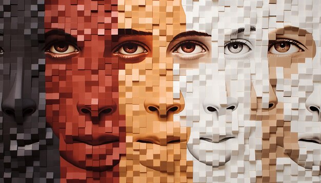 Minimalistyczny projekt plakatów 3D mozaika małych kobiecych twarzy łączących się w jeden duży obraz