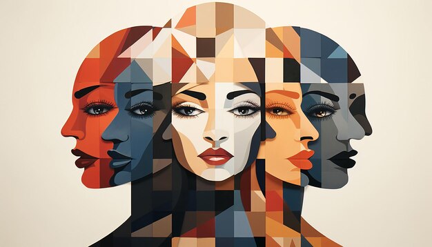 Minimalistyczny projekt plakatów 3D mozaika małych kobiecych twarzy łączących się w jeden duży obraz