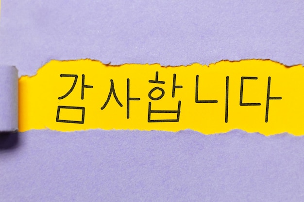 Minimalistyczny projekt z rozerwanego papieru z tekstem dziękuję w języku koreańskim