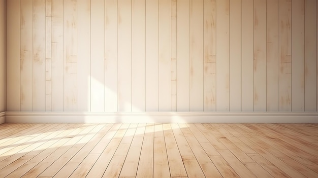 Zdjęcie minimalistyczny pusty pokój z białą ścianą i drewnianą podłogą