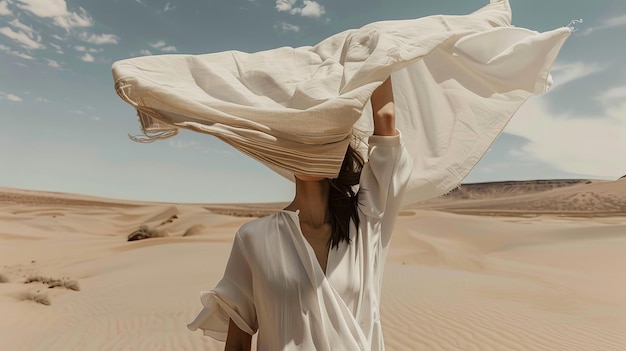 Zdjęcie minimalistyczny pustynny portret kobiety z tkaniną na głowie do nowej kolekcji odzieży
