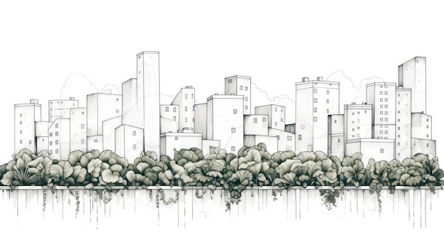 Minimalistyczny rysunek artystyczny przedstawiający miejską farmę z ogrodami pionowymi Wygenerowano sztuczną inteligencję