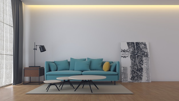 minimalistyczny salon ma sofę i dekorację renderowania 3D