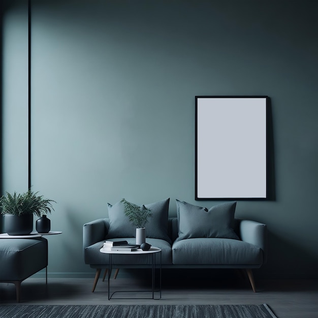 minimalistyczny salon w stylu skandynawskim z pustym pigorą na ścianie sage dan grey