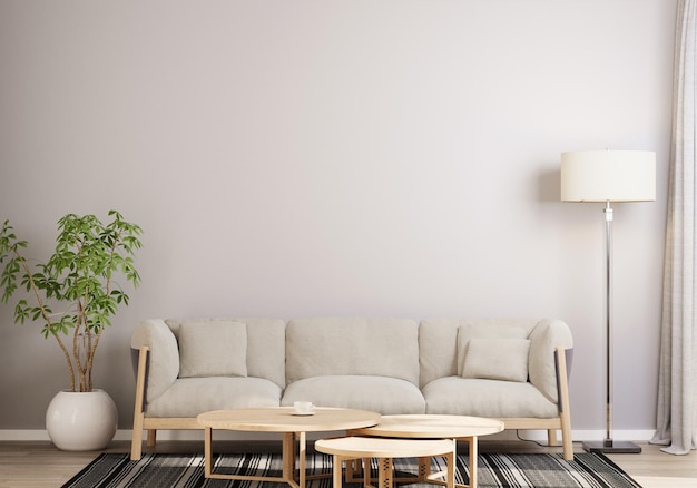 Minimalistyczny salon z beżową kanapą i drewnianymi stołami 3D