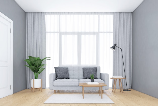 Minimalistyczny salon z oknami i białymi zasłonami Sofa i fotel renderowanie 3d