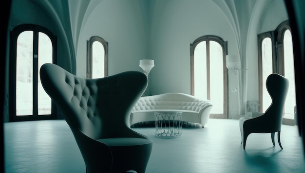 Minimalistyczny salon z sofą i fotelem koncepcja czystego wystroju wnętrz ze światłem dziennym