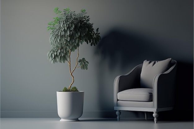 Minimalistyczny salon z szarą ścianą, szarym fotelem i rośliną doniczkową. Generatywna sztuczna inteligencja