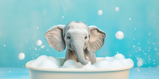 Minimalistyczny słoń albinos w wannie z baniek mydlanych na błękitnym tle Generatywny AI