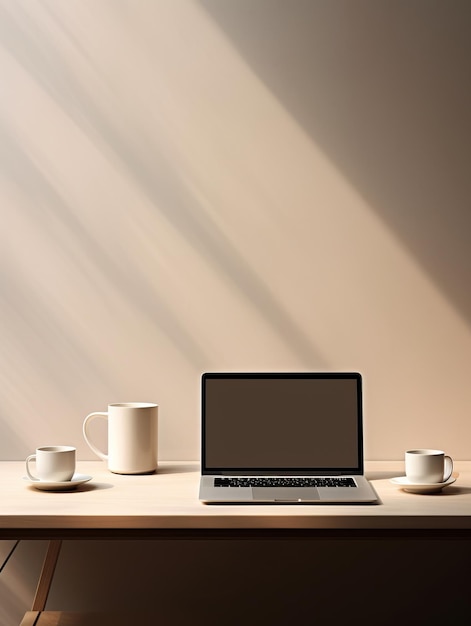 Minimalistyczny stół z laptopem i kubkiem