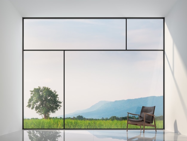 Zdjęcie minimalistyczny styl pusty pokój z widokiem na naturę renderowanie 3d duże okno z widokiem na widok natury