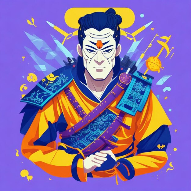 Zdjęcie minimalistyczny stylizowany obraz cyfrowy samuraja, projekt koszulki oświetleniowej