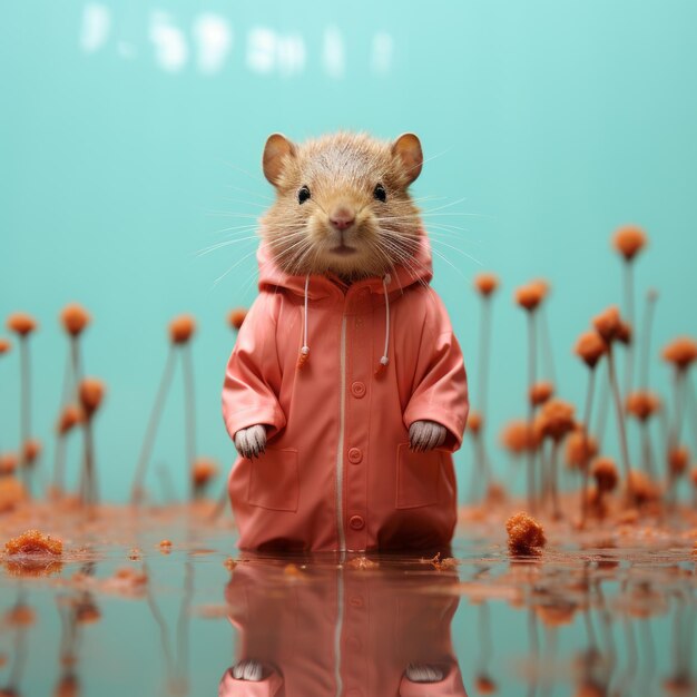 Zdjęcie minimalistyczny surrealizm słodki chomik agouti w płaszczu przeciwdeszczowym na stawie