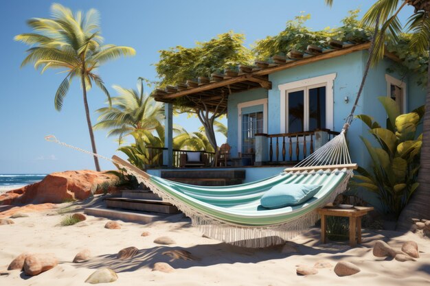 Minimalistyczny uroczy dom przy plaży z jasnoniebieską zewnętrzną palmą i hamakiem Generatywna sztuczna inteligencja