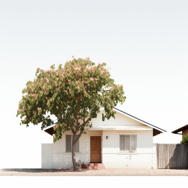Minimalistyczny widok z przodu drzewa figowego obok uroczego domku z kwiatowym gankiem
