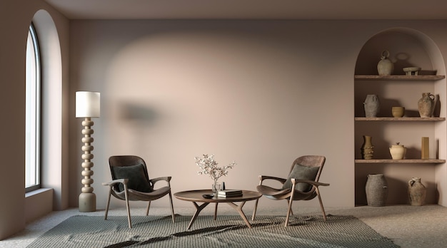 Zdjęcie minimalistyczny wystrój wnętrz na tle ściany łukowej koncepcja makiety ściany renderowania 3d
