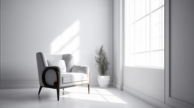 Minimalistyczny wystrój wnętrz z białą ścianą i eleganckim fotelem