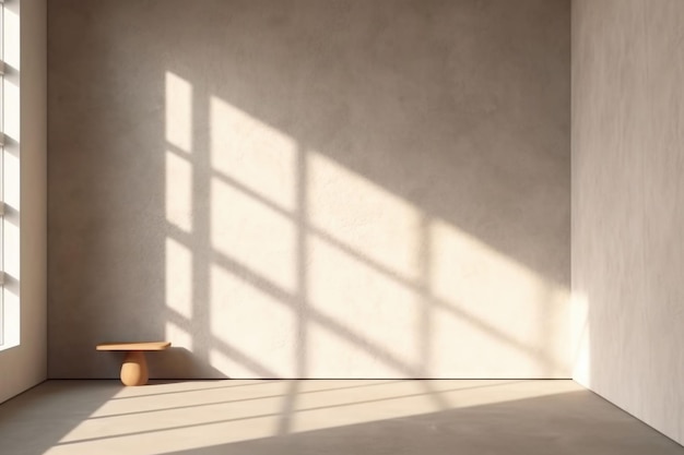 Minimalistyczny wystrój wnętrz z cieniami i światłem słonecznym Kompozycja stylowego ceramicznego wazonu w beżowym pokoju Ilustracja generatywna AI