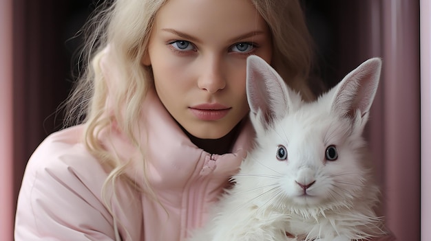 Zdjęcie minimalizm modny portret dziewczyny z królikiem