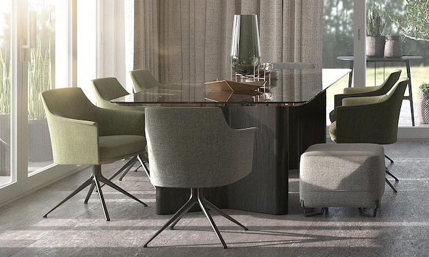 Minimalizm nowoczesny wystrój wnętrz Jadalnia studyjna z luksusowym stołem i zielonymi krzesłami renderowania 3d ilustracja 3d