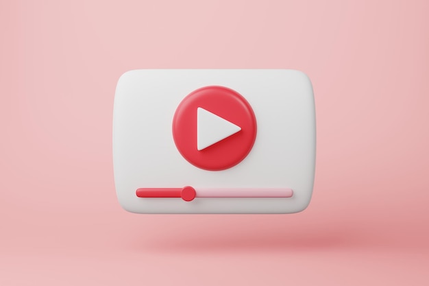 Minimalna czerwona ikona przycisku odtwarzania multimedialnego wideo na różowym tle Audio film odtwarzacz multimedialny interfejs start symbol znak okrągły kształt koła Cyfrowe przesyłanie strumieniowe Technologia projektowa Koncepcja renderowania 3D