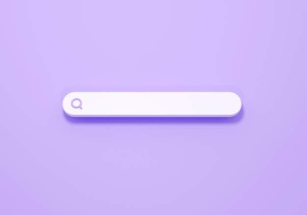 Minimalna ikona paska wyszukiwania 3D na fioletowym tle. Koncepcja paska wyszukiwania renderowania 3d dla projektu ux/ui przeglądarki