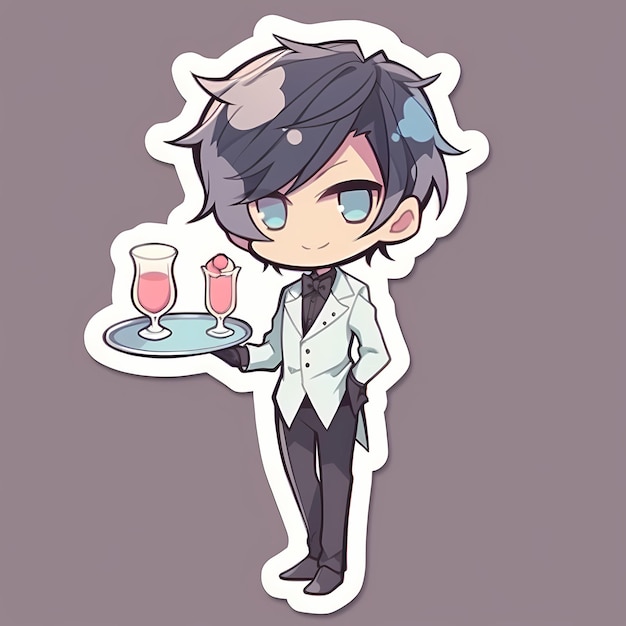 Minimalna japońska Kawaii Butler Boy Chibi Anime Vector Art Naklejka z czystą pogrubioną linią śliczna prosta