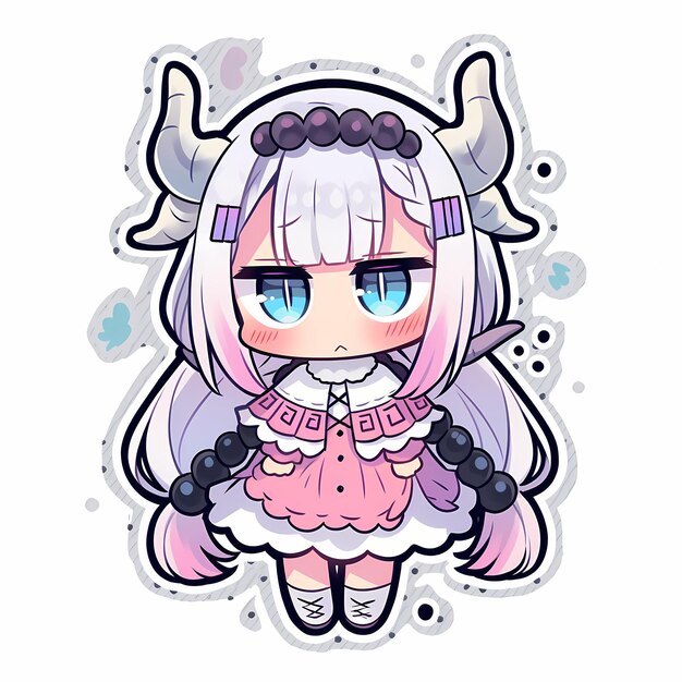 Minimalna japońska Kawaii Dragon Maid Girl Chibi Anime Vector Art Sticker z czystą grubą linią