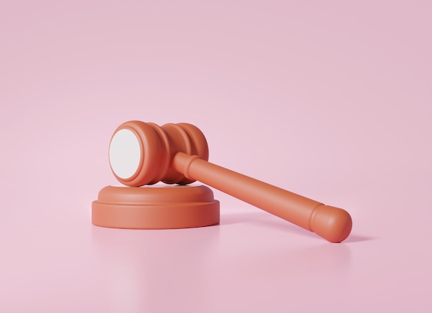 Minimalna koncepcja młotka do osądu z brązowego młotka na różowym tle ustawodawstwo adwokata Sędzia rozstrzyga sąd polubowny Ilustracja renderowania 3D