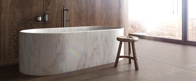 Minimalna luksusowa łazienka z kamienną podłogą z płytek ściennych z drewnianą ścianą Ilustracja renderowania 3d
