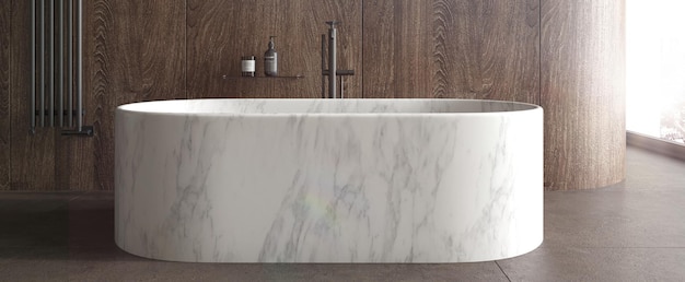 Minimalna luksusowa łazienka z kamienną podłogą z płytek ściennych z drewnianą ścianą Wnętrze ilustracja renderowania 3d