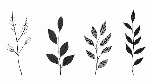 Minimalna retusza kolekcja czarno-białych i szarych łodyg roślin