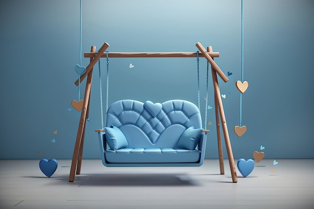 Minimalna scena niebieskiego krzesła huśtawkowego z dwoma sercami
