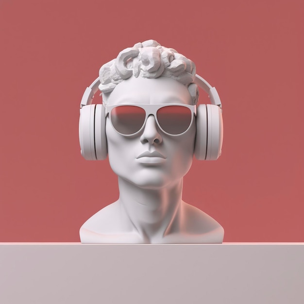 Minimalna scena okularów przeciwsłonecznych i słuchawek na ludzkiej rzeźbie głowy Koncepcja muzyczna Rendering 3D AI Generatywny