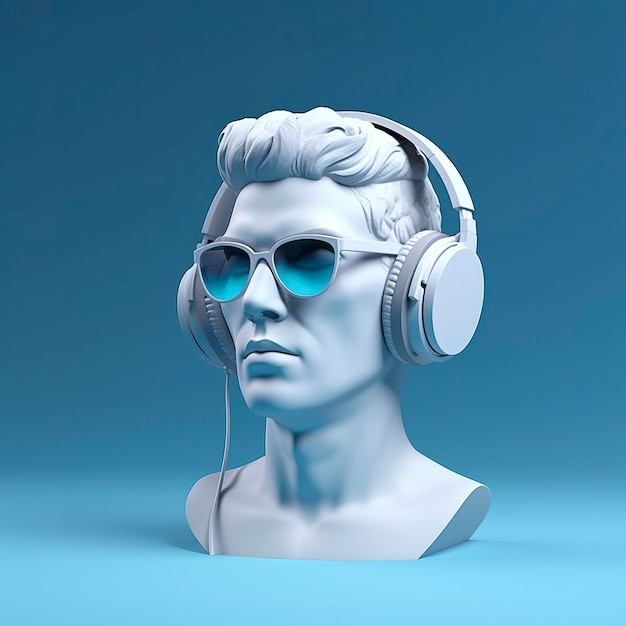 Minimalna scena okularów przeciwsłonecznych i słuchawek na ludzkiej rzeźbie głowy Koncepcja muzyczna Rendering 3D AI Generatywny
