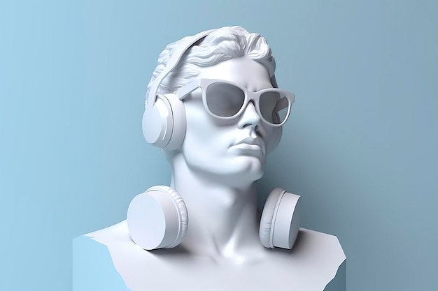 Minimalna scena okularów przeciwsłonecznych i słuchawek na ludzkiej rzeźbie głowy Koncepcja muzyki Renderowanie 3D AI Generative