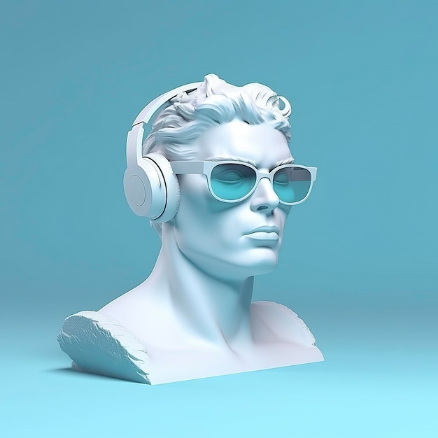 Minimalna scena okularów przeciwsłonecznych i słuchawek na rzeźbie ludzkiej głowy Koncepcja muzyczna renderowania 3D