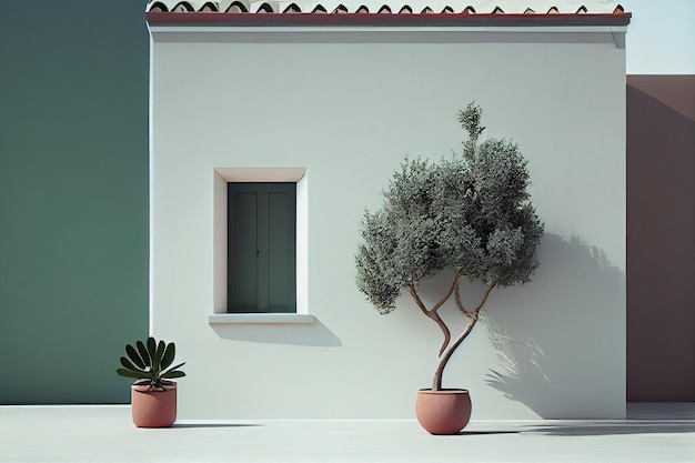 Minimalna Śródziemnomorska ściana i roślina Architektura zewnętrzna Drzewo w pobliżu ściany i drzwi Generative Ai