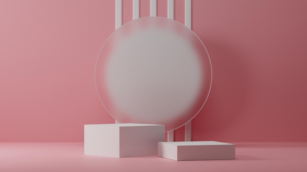 minimalne różowe tło z białą makietą podium na cokole dla produktu kosmetycznego, pusta prezentacja platformy