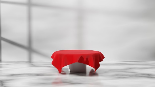 Minimalne tło czerwonego jedwabiu z białym podium na marmurowym tle renderowania 3D