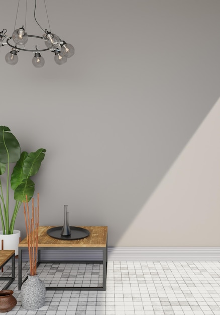 Minimalne wnętrze i dekoracje w salonie kopiują przestrzeń renderowania 3D