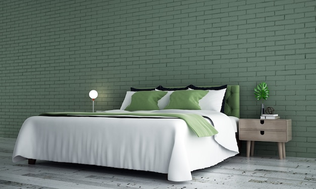 minimalne wnętrze sypialni i zielone tło ściany z cegły