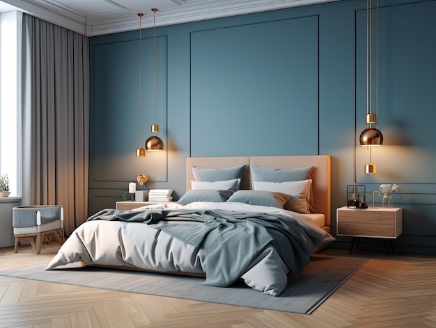 Minimalne wnętrze sypialni z makietą dekoracji domowej Generatywna sztuczna inteligencja