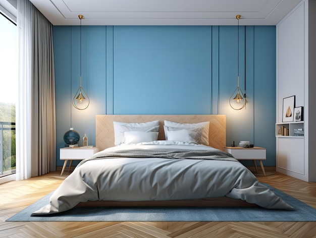 Zdjęcie minimalne wnętrze sypialni z makietą dekoracji domowej generatywna sztuczna inteligencja